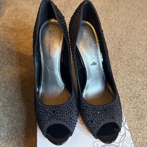 Lulu Townsend Danica Black Satin & Rhinestone Peep Toe Heel Pump 9.5